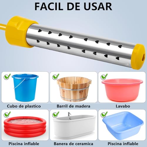 Calentador de Agua de Inmersión 1500W, Calentador de Agua Eléctrico Portátil, Resistencia para Calentar Agua Cubeta, con Acero Inoxidable 304, Termómetro LCD, Cepillo de Limpieza, Calentamiento Rápido