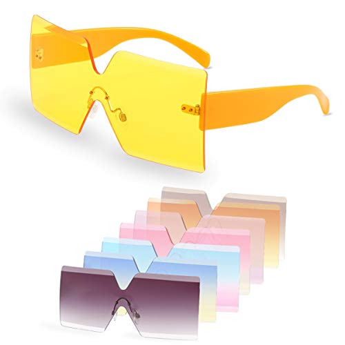 Oversized Square Sunglasses for Women Rimless Frame Candy Color Transparent Glasses (2 pack-pink/yellow)