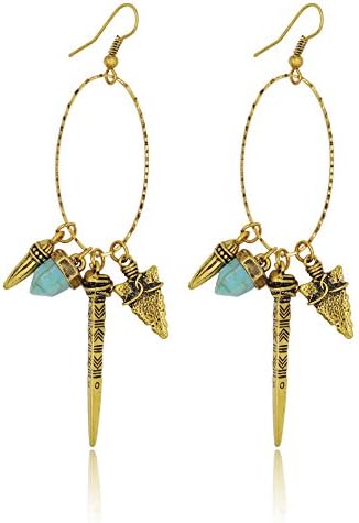 Vinatge Hexagon Prism Drop Turquoise Tassel Long Dangle Earings For Women Fashion Jewelry (antique gold)