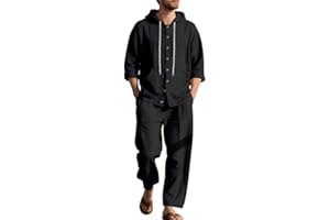 TAFLE Men's 2 Pieces Cotton Linen Set Casual Long Sleeve Henley Shirts Beach Yoga Pants Summer Outfits