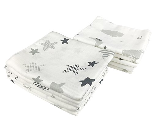 Clouds & Stars Muslin Nappies | Burp Cloths 100% Cotton - Pack of 10, 80 x 70 cm, printed | Premium Quality 125 gsm - tested for harmful substances, double woven, Öko-tex certified, reinforced edging | Cloth nappies and muslins for babies
