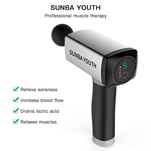 SUNBA YOUTH Carrying Case Massage Gun,Rechargeable Cordless Percussion Massager,Handheld Deep Tissue Muscle Massager Device with 5 Massage Heads & Portable Bag