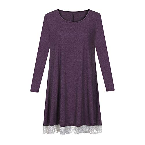Toponly Women's Long Sleeve Pleated Loose Swing Casual Dress with Pockets Knee Length Purple - Thumbnail 2
