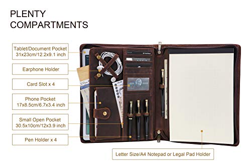 image for AZXCG Handmade Vintage Leather Padfolio Portfolio Case Zippered Busine
