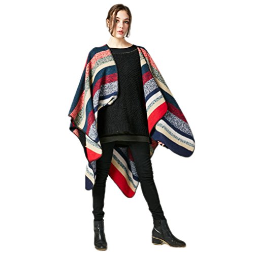 Jelinda Women Blanket Shawl Wrap Poncho Cape Winter Large Warm Striped Scarf (one size, red)