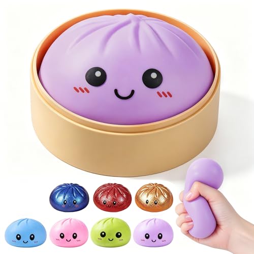 Dumpling Squishy Stress Ball, JHSRVER Mystery Dumpling Squishies, Dumplings Stretchy Desk Toy, Handmade Squeeze Toys, Bun Dough Sensory Fidget Toy with a Steame (Purple)
