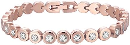 316L Stainless Steel and Cubic Zirconia Gemstone Tennis Bracelet with Fold-over Clasp, Rose Gold Tone