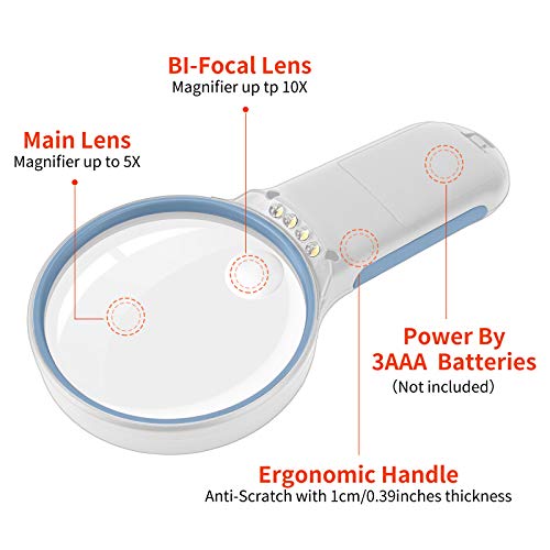 Delixike 5X 10X Handheld Magnifying Glass with Light for Reading,LED