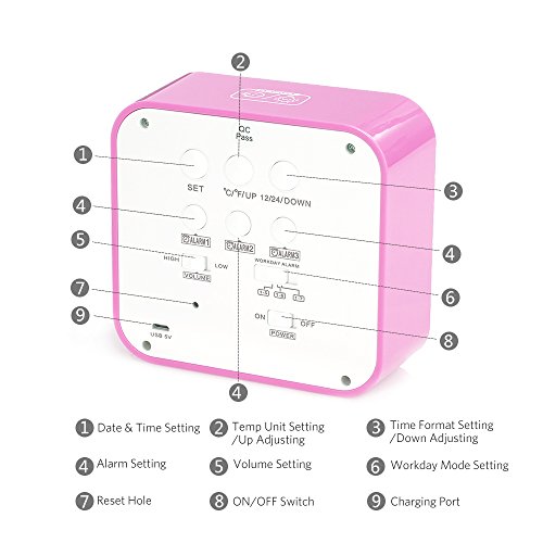 Tsumbay Digital Alarm Clock, USB Rechargeable 3 Separate Alarm Digital Clock Backlight Large Screen Display Temperature Calender Ideal for Home Office - Pink - Thumbnail 5