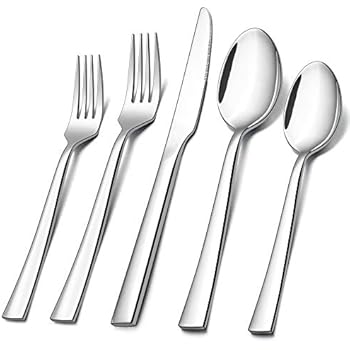 60-Piece Silverware Set, E-far Stainless Steel Flatware Set Service for 12, Tableware Cutlery Set for Home Restaurant Party, Dinner Forks/Spoons/Knives, Square Edge & Mirror Polished, Dishwasher Safe