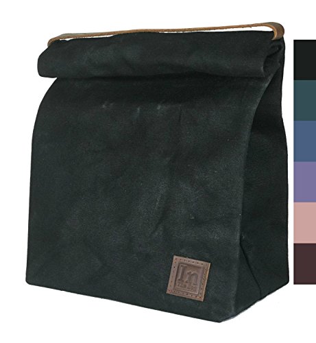 Lunch Bag - Large Lined Waxed Canvas Roll Top Tote Bag with Leather Strap Carrying Handle and Brass Snap Closure - Black Bag - by In The Bag