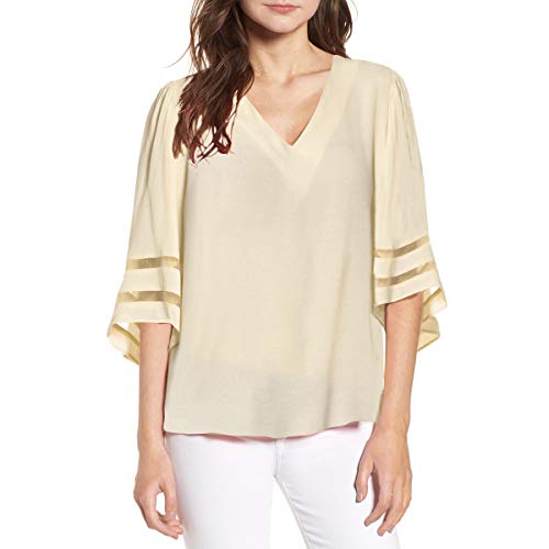 Shy Velvet Women's V Neck 3/4 Bell Sleeve Chiffon Blouse Mesh Panel Loose Top Shirts Beige