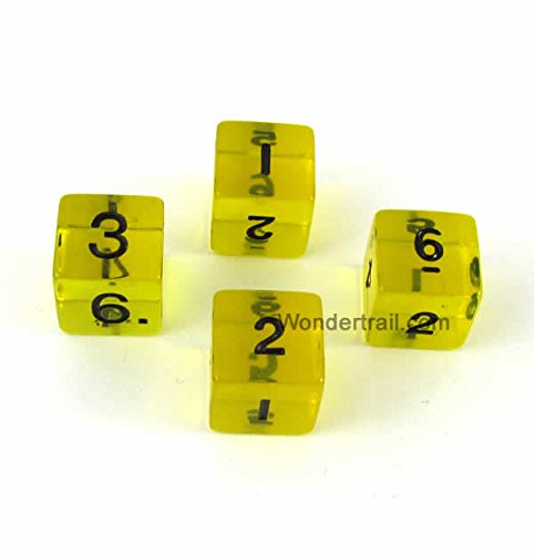 WKP02491E4 Yellow Transparent Dice with Black Numbers D6 16mm (5/8in) Pack of 4 Dice Koplow Games
