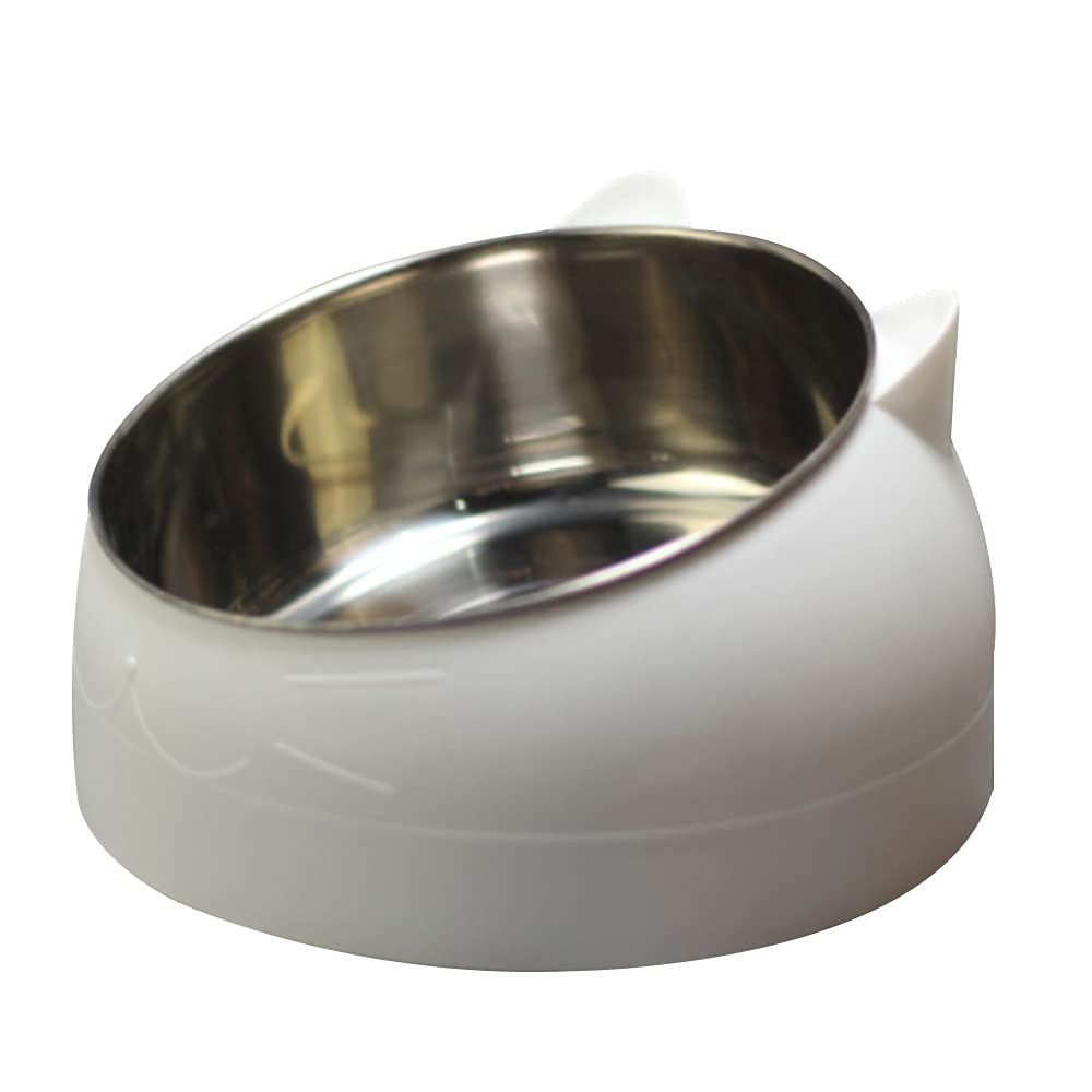 Pumpumly Tilted Cat Bowl,Raised Cat Bowl with Stand 15° Tilted Pet Bowl,Stainless Steel Anti Vomiting Cat Bowl,Cat Dog Feeding Bowl Protect The Spine for Pet 400ml White