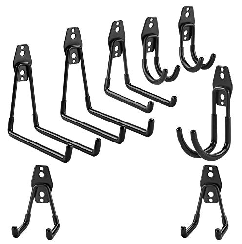 Wall Hung Double Hook,Cheaboom Bicycle Storage Hook Garage Space Saver Heavy Duty Hanger Rack Extended Wall Mount Tool Holder U-Hook with Anti-Slip Coating for Chair Ladder (Multiple Size Hook x 8)