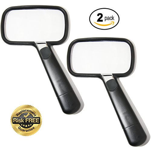 LARGE Reading Magnifying Glasses With Bright LED Light; Gift Set of 2 Jumbo Magnifier Glasses 2x; Best Birthday Gift Bundle; Lighted Lupe For Books Newspaper Magazines Document Fine Print Photos Maps