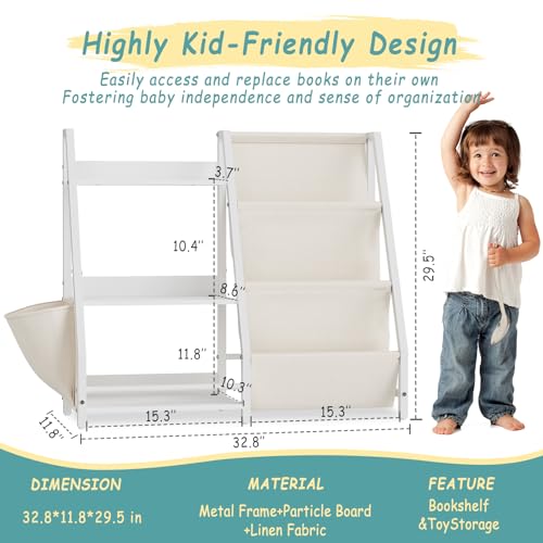 Kids Bookshelf and Toy Organizer, Montessori Bookcase and Toy Storage for Kids Room, 3 Tier Sling Book Rack for Toddler, Children Book Display Shelf for Nursery, Bedroom, Playroom, Classroom