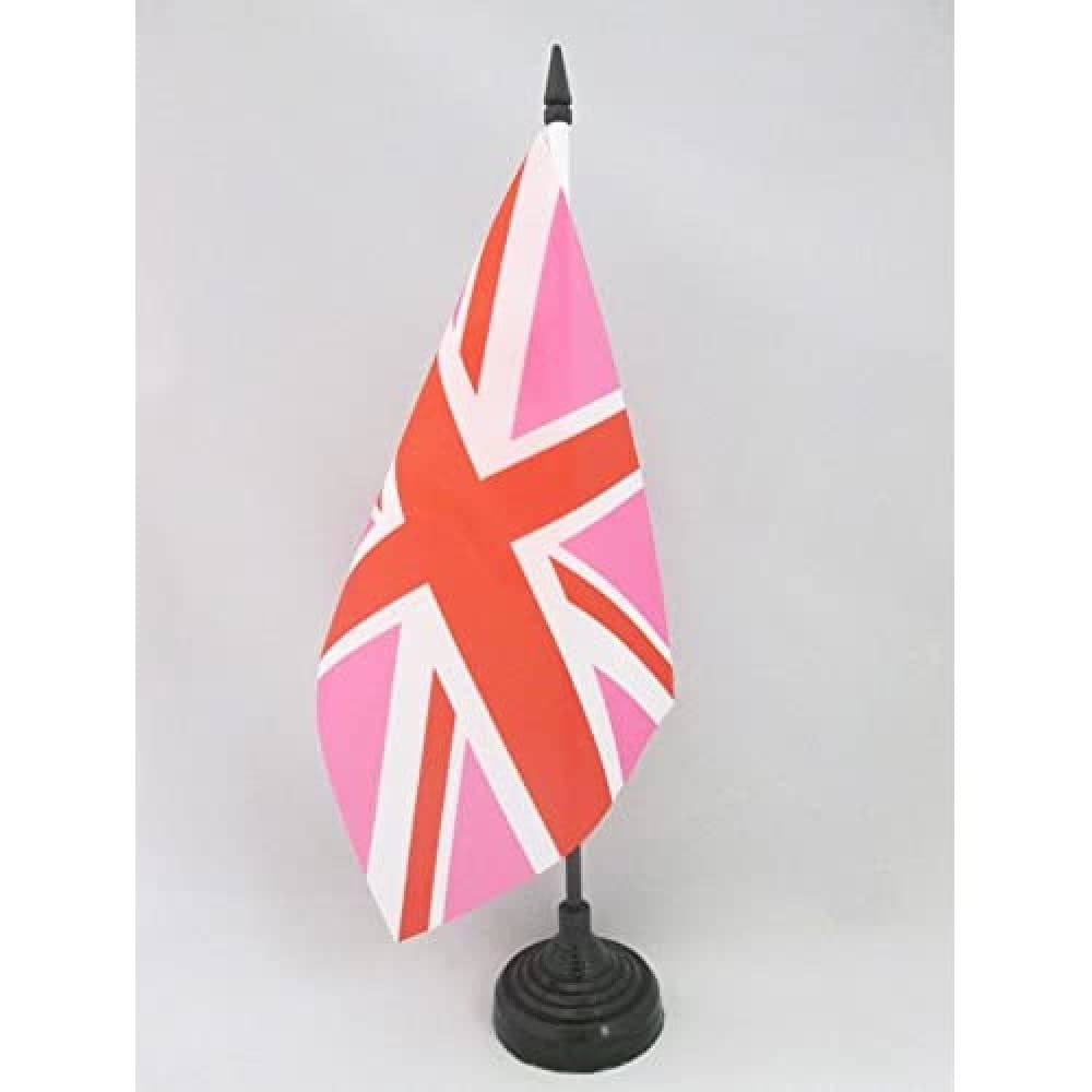 AZ FLAG Union Jack Pink Table Flag 5'' x 8'' - pink UK Office Decoration 100% Polyester 21 x 14 cm - Mini Desk Flag with Pole and Black Plastic Base