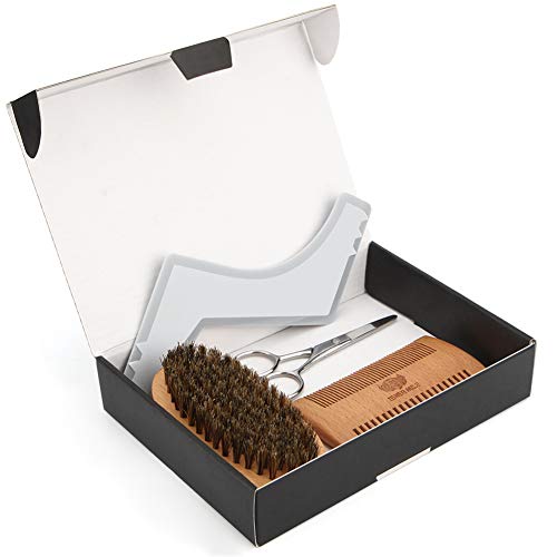 Beard Brush, Comb, Scissors & Beard Shaper Tool Kit for Men Beard Care Mustache Grooming Trimming Styling, Made of Boar Bristle, Durable Wood, Stainless Steel, Shaping Template, Best Gift Set for Him