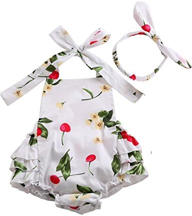 Fubin Baby Girl's Floral Print Ruffles Romper Summer Clothes With Headband,Cherry Flower1,13-24 months