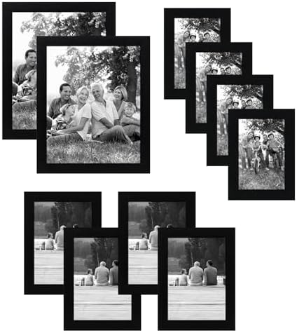 Lot de 10 Cadres Photos - Cadre Photo Multiple avec Deux 20x25 cm, Quatre 13x18 cm et Quatre 10x15 cm- Décoration Murale et Collages avec Verre Résistant aux Chocs - Noir