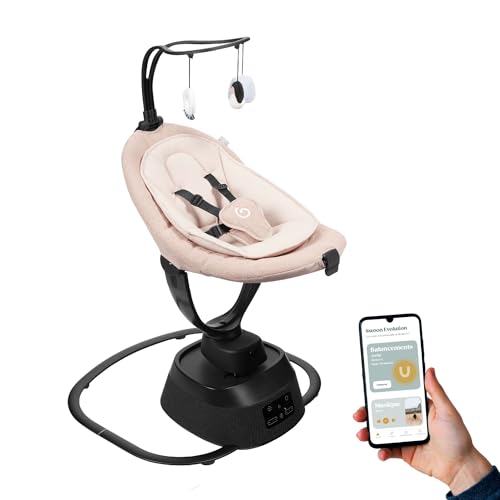 Babymoov elektrische Babyschaukel Swoon Evolution Connect Mocca - mit Smartphone App - Musikstreaming, Aufnahme und Abspielen von personalisierten Melodien - 360° rotierbarer Sitz