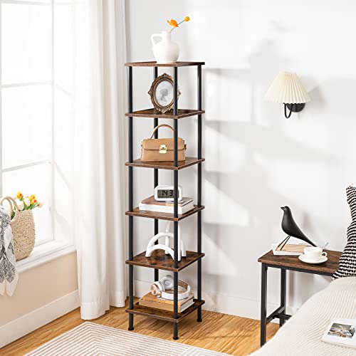 HOOBRO 6 Tier Corner Shelf Stand, Freestanding Corner Shelves for Living Room, Industrial Corner Standing Shelf Unit, Floor Corner Bookshelf for Home Office, Bathroom, Rustic Brown and Black EBF55CJ01