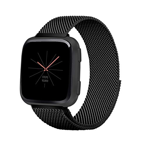 Keasy Replacement Bands Compatible with Fitbit Versa and Fitbit Versa Lite, Stainless Steel Metal Mesh Bracelet Lock Wristbands(Black,Small(4.7