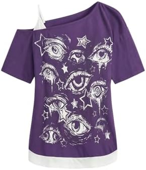 Women's Y2K Retro Printed Slanted Shoulder top, Loose and Slimming