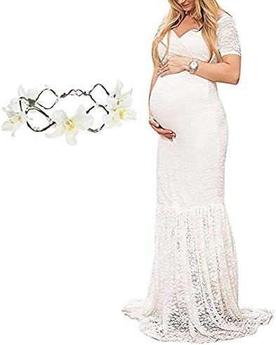 Women's Maxi Photography Dress Short Sleeve Lace Maternity Gown Off Shoulder V Neck (White, X-Large)