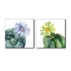 2 Panel Square Watercolor Style Cactus with White...