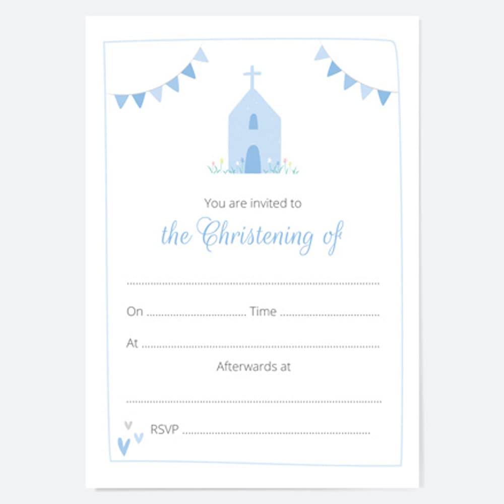 Dotty about Paper Christening Invitations - Blue Church & Bunting - Pack of 10