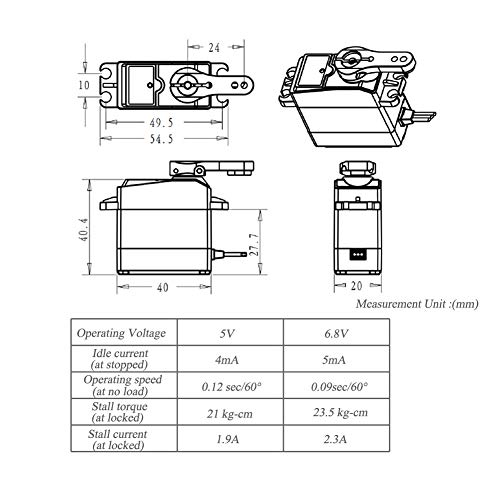 ANNIMOS Digital Servo 23.5KG/0.09S Stainless Steel Gear High Speed Waterproof Standard Baja Servos for 1:10 1:8 Scale RC Cars DS3218PRO -180 Degrees - Thumbnail 6