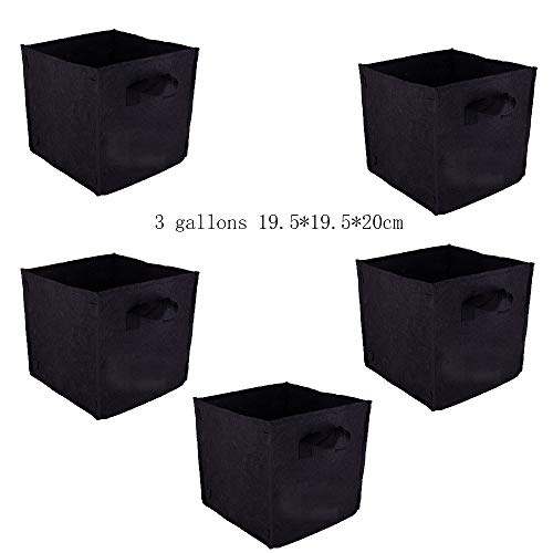 KingBra 5PCS Black 3 Gallons Padded Square Felt Planting Bag,Flowerpot Tree Planting Bag w/Black Handles,Plant Grow Bag 19.5×19.5x20cm