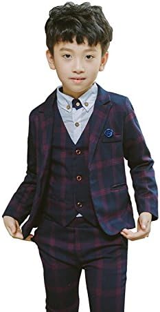 TJTJXRXR Baby Boys 3 Pieces Plaid Suits Formal Dress Jackets &amp; Vest &amp; Pants Vintage Style and Wedding Sets (Navy, 3-4 Years)