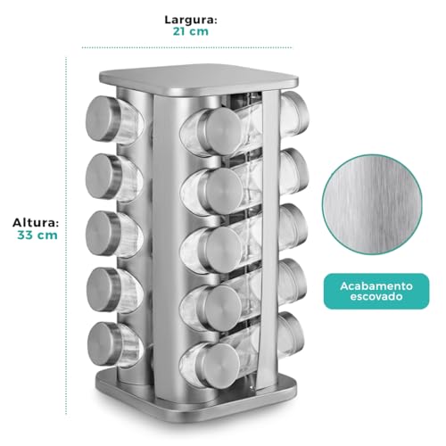 Porta Temperos Giratório 360°, com 20 Potes de Vidro e Aço Inox, Suporte Organizador de Condimentos, Prata