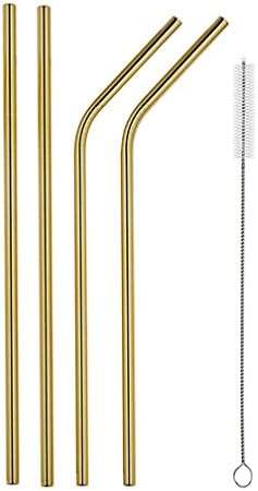 SSORA Stainless Steel Drinking Straws,Gold,Set of 4,(2Bent+2Straight),Free Cleaning Brush Included,for 30 oz Tumbler