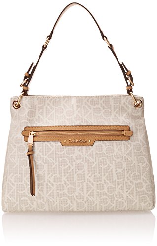 Calvin Klein Monogram Hobo Shoulder Bag, Dot Almond Khaki Camel Saffiano, One Size