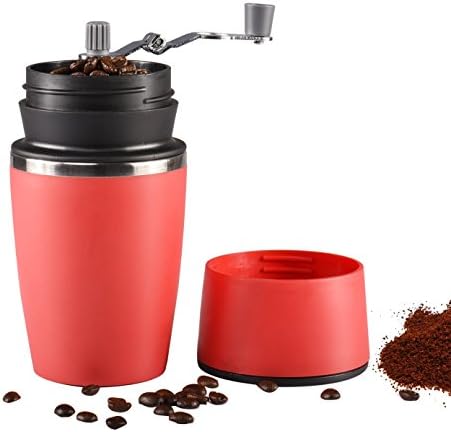 Portable Manual Coffee Grinder, Uong Adjustable Single Cup Coffee Maker Ceramic Burr Coffee Grinder Mug with Built-in Grind and Brew System for Travel Camping Office (Red)
