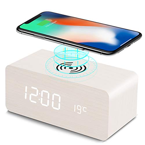 fomobest Wooden Alarm Clock with Wireless Charging for iPhone Samsung