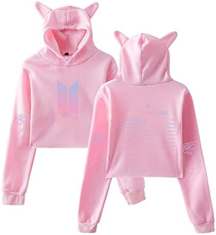 Cutadorns BTS Hot Crop-top Hoodie with Cat Cap for Girls Women Love Yourself BTS 2018 World Tour Pullover Hooded Sweatshirt