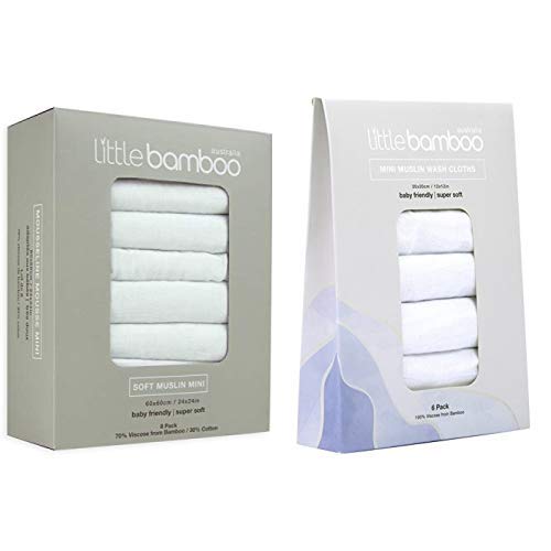 Little Bamboo Cotbed Muslin Set, 8 Pack Muslin Squares, 60 x 60 cm, with 6 Muslin Baby Wash Cloths