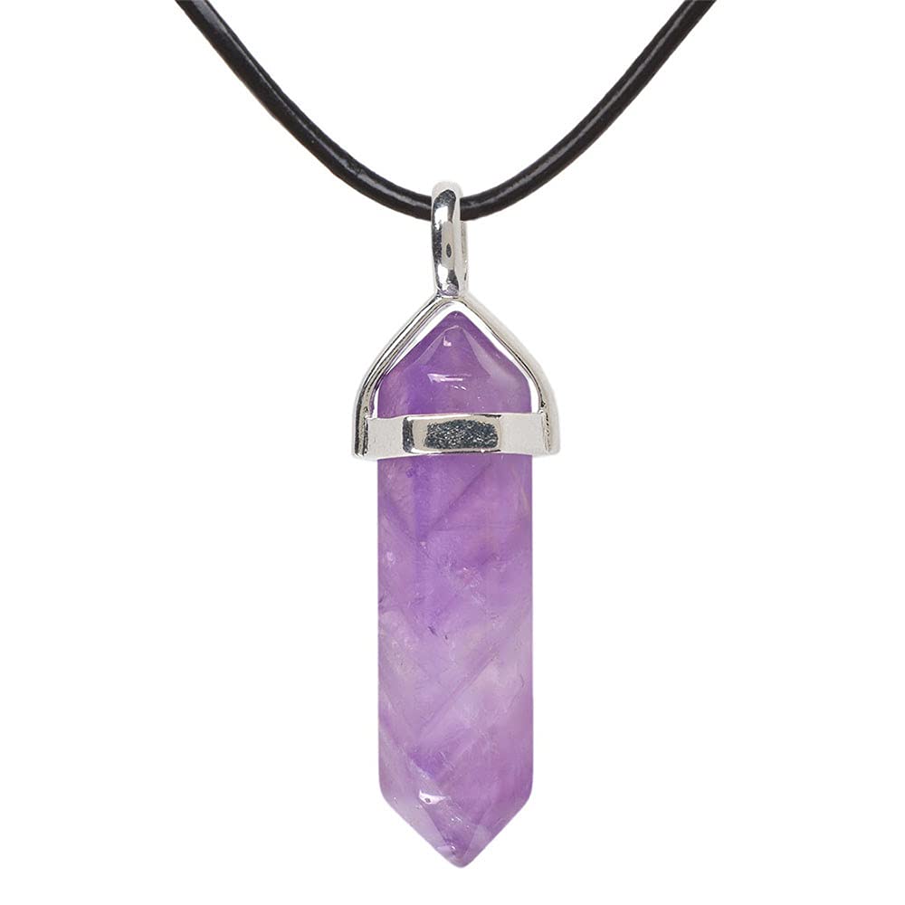 Natural Light Amethyst Gemstone Hexagonal Pointed Reiki Chakra Pendant Genuine Leather Necklace 18" โ image 1