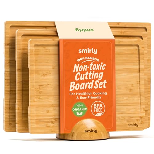 SMIRLY Bamboo Cutting Boards for Kitchen - Wood Cutting Board for Meal Prep, Serving, Charcuterie - Kitchen Gadgets, House Warming Gifts - Wooden Chopping Board Set of 3 with Holder - Natural Bamboo