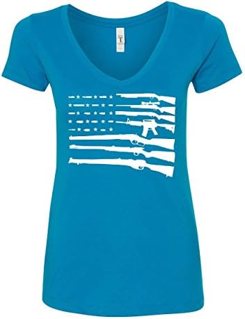 American Flag Guns 2nd Amendment Women's V-Neck Tee Gun Rights Turquoise M