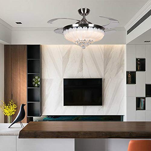 Crystal Ceiling Fan with Lights and Remote, Retractable Blades Ceiling Fan 3 Colors 3 Speeds Dimmable with Silent Motor Modern Chandelier Fan, Crystal Ceiling Fandelier for Bedroom Living Room 42 Inch
