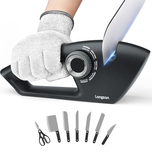 longzon Knife Sharpener 6-in-1 Manual Sharpening Tool with Cut-Resistant Glove, for Kitchen Knives, Serrated Knives, Scissors, and Pocket Knives – Safe and Easy to Use