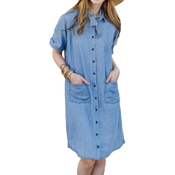 Denim Dress Midi Length Womens Denim Long Shirt Dress Casual
