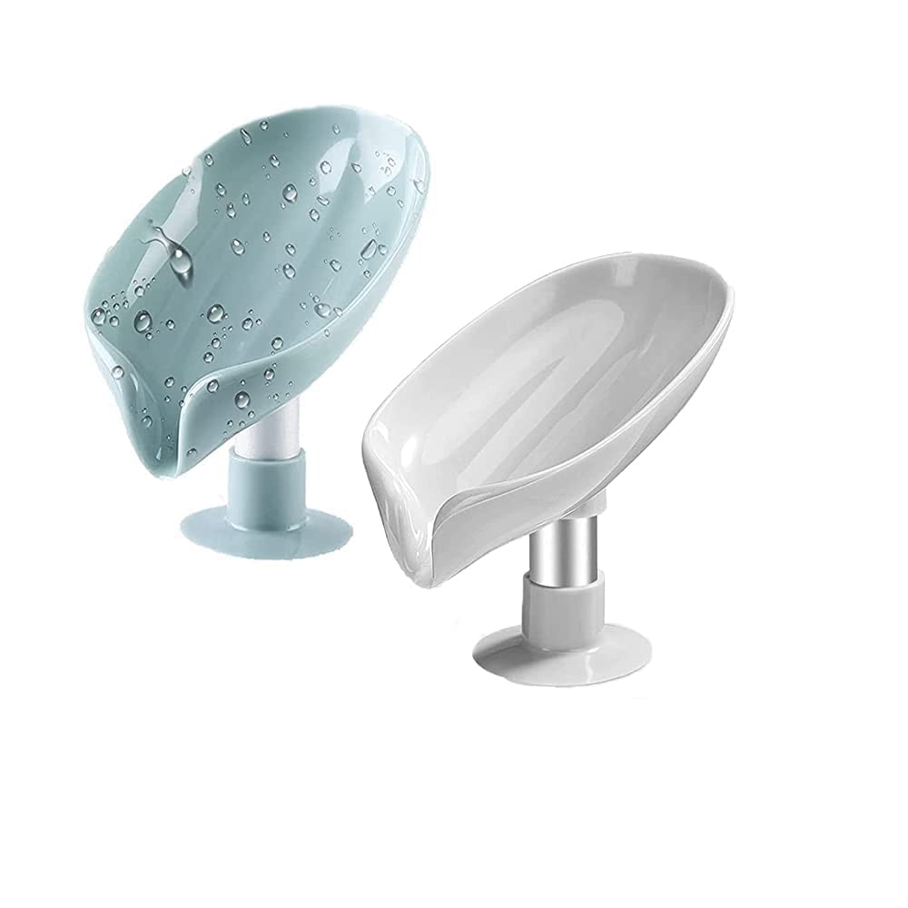 GYTFOG 2 Pcs Soap Dish with Drainage, Soap Dish, Soap Dishes for Bathroom, Kitchen and Counter Top, Hand Soap Holder,Leaf Shape Soap Tray, Easy Cleaning Suctions Soap Dish Holder (Blue/gray, Random)