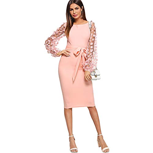 DIDK-Damen-Netz-Figurbetontes-Kleid-Schlauch-Kleider-mit-Knoten-Grtel-Stickerei-Blumen-Applikation-Bishop-rmel-Knielang-bergo-Bleistift-Einfarbig-Party-Kleider